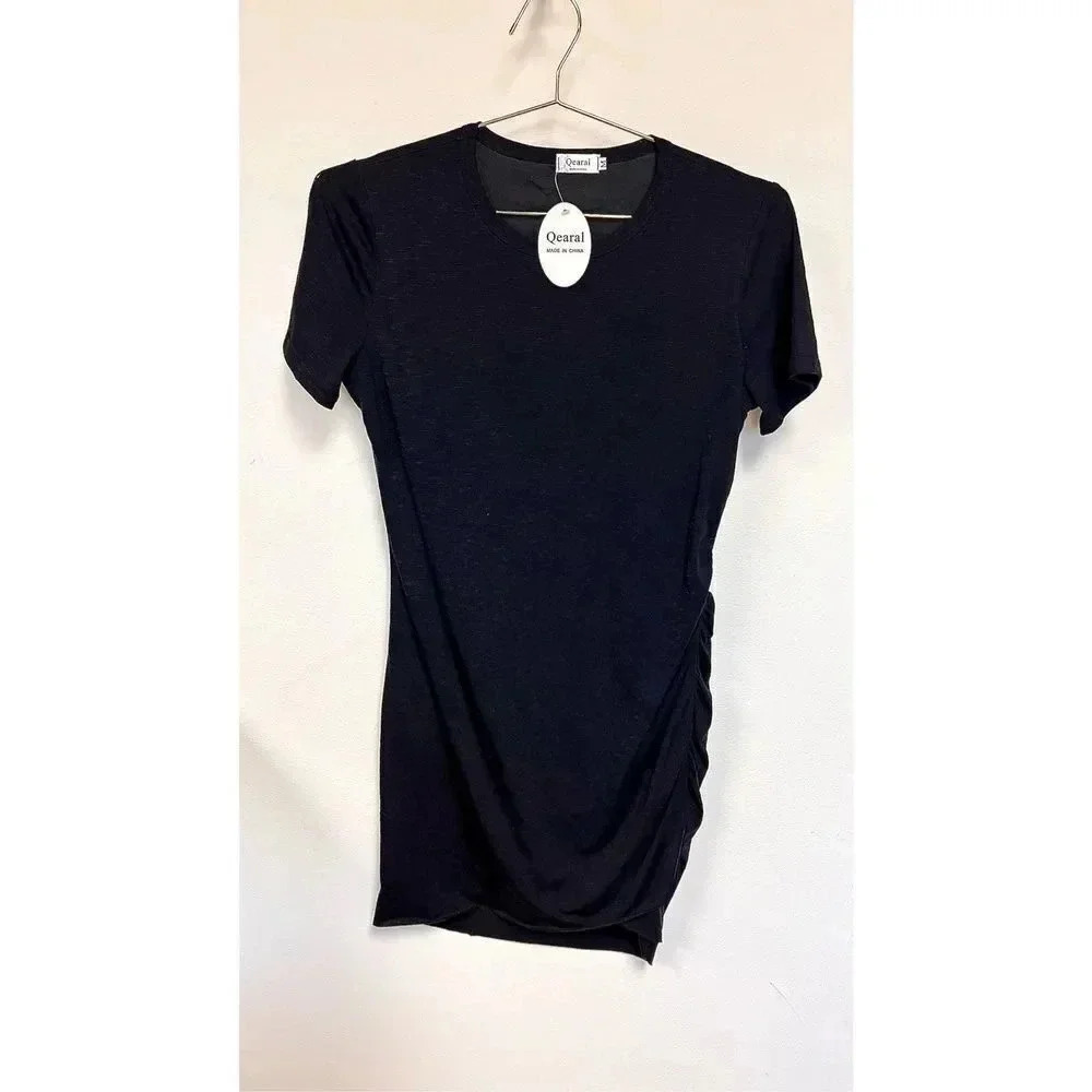 Qearal Women's Black Ruched Side Short Sleeve T-Shirt Dress Size Medium NWT‎